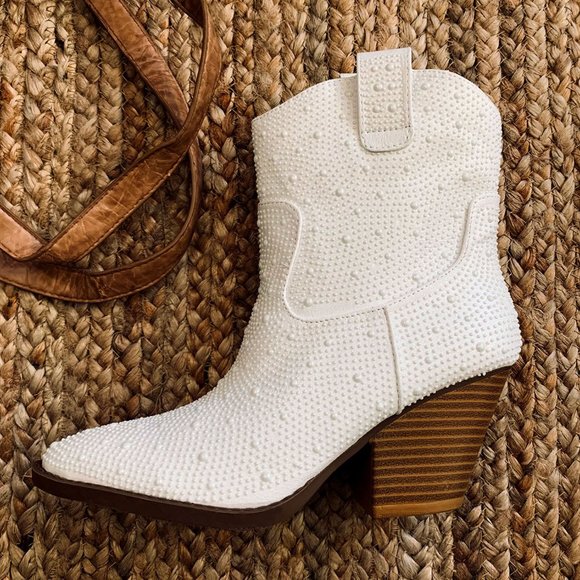 NEW🔥Ivory Faux Pearl Embellished Cowboy Cowgirl Western Heel Ankle Booties Boot - Picture 9 of 12